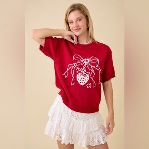 Strawberry Bow Boxy Sweater Knit Short Sleeve Top - Main Strip